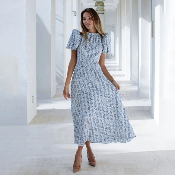 Dresses & Skirts - ZARA Elegant Summer Blue Floral Print Puff Sleeve Maxi Dress